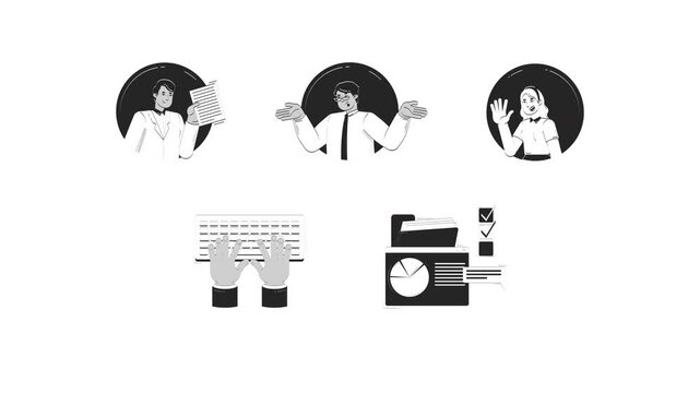 Office communication and tasks management black and white doodle line animation pack. Typing keyboard. Diverse employees in circular avatars animated outline 4K video set on transparent background