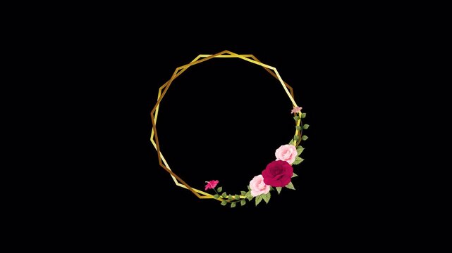 Golden geometric frame encircles delicate floral arrangement. Pink and deep red roses adorn the design with green foliage. Flowers bloom softly against transparent background