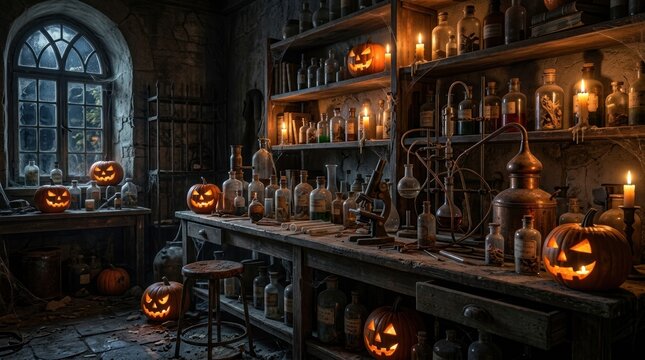 Spooky alchemist laboratory with carved glowing Halloween pumpkins.