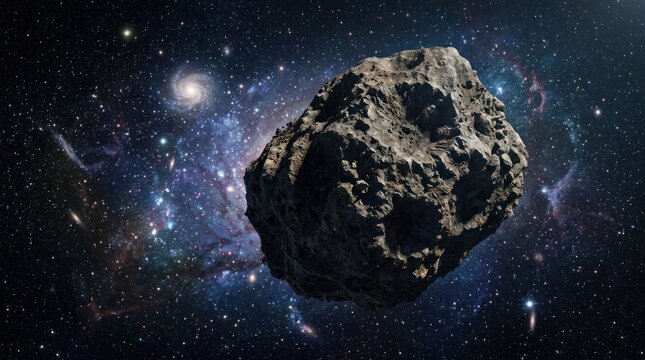 Large asteroid floating in deep space against cosmic nebulae.
