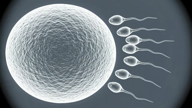 Ovum with sperm cells slowly moving around its outer membrane