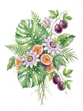 Watercolor tropical bouquet with monstera leaves, passion flowers and passion fruits isolated on white background, summer botanical