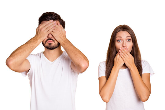 Photo of young couple man close eyes woman cover lips afraid nervous panic fail mistake isolated over beige color background