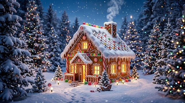 Enchanted gingerbread house at night in a snowy forest with colorful christmas lights