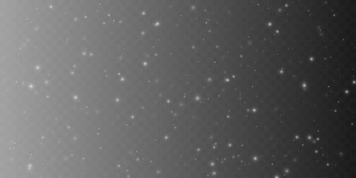 Floating glowing light particles and magic stardust on transparent background. Shimmering sparkle overlay texture. Vector illustration