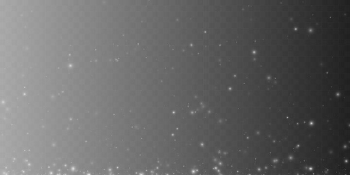 Rising glittering particles and glowing sparkles on transparent background. Festive shimmer light effect overlay. Vector illustration
