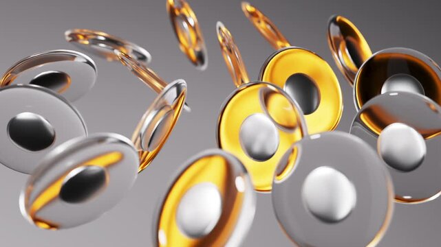 Floating glass and gold lenses spin slowly in front of a soft gray background. This seamless video loop feels glossy and futuristic. 3d render motion.