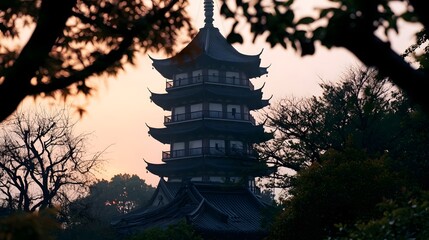 Fototapeta premium A traditional multi tiered pagoda stands tall against a soft sunset sky framed by silhouetted tree branches