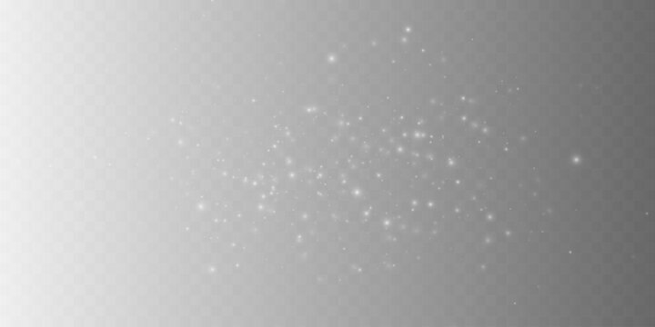 White sparkling stardust and glowing light particles on transparent background. Magic glitter burst vector illustration overlay. Shiny particle cloud element