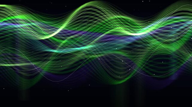 Luminous green and purple light waves undulate seamlessly
