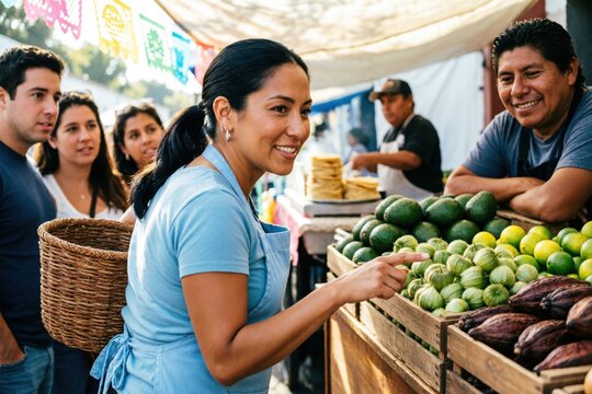 Chef mexicana guiando a un grupo de visitantes curiosos por los pasillos de un bullicioso mercado mexicano
