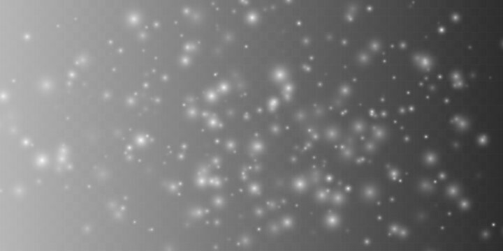 Sparkling stardust and glowing white particle overlay. Scattered bokeh lights and festive glitter effect on grey background. Vector illustration backdrop