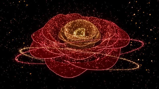 赤と金色の光の粒子でバラと周囲のリングが現れるエフェクト動画。ブライダル広告や記念日映像に映える輝きのシネマティック素材