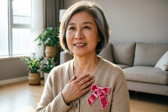 Mujer de mediana edad con el pelo corto y canoso, que lleva un lazo rosa prendido en su su&eacute;ter color crema y la mano apoyada en el pecho, con una sonrisa esperanzada
