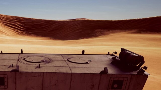 A rover rests amidst expansive sand dunes, showcasing its sturdy design. Sunlight casts shadows on the surface as it prepares to explore the arid landscape, revealing mysteries of the terrain.