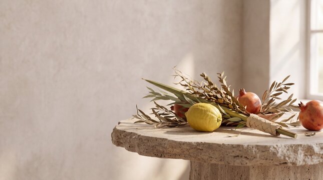 cultural festivity decor, a luxurious sukkot still life showcases an etrog with lulav, hadas, and aravah on a travertine table, accented by olive leaves and pomegranates