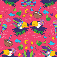 Fototapeta premium Brazilian carnival dancing toucan birds seamless pattern vector illustration pink. Cute toucan couples wearing carnival masks flower decorations dancing maracas coconut cocktails bright pink backdrop
