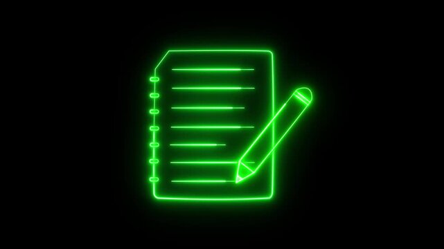 Document icon animation displays writing lines with a pencil on dark space. Business paperwork drafting telemetry routes on document icon. Office workflows use icon.