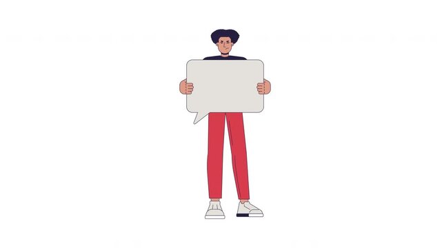 Displeased man holding blank speech bubble for strong complaint 2D character animation. Negative feedback. Frustrated latino male animated person cartoon 4K video on transparent background