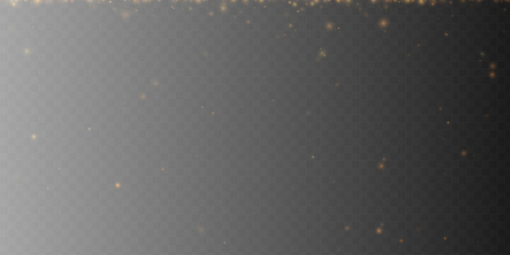 Falling golden glitter particles and glowing lights. Shimmering gold sparkle dust effect on transparent background. Vector illustration