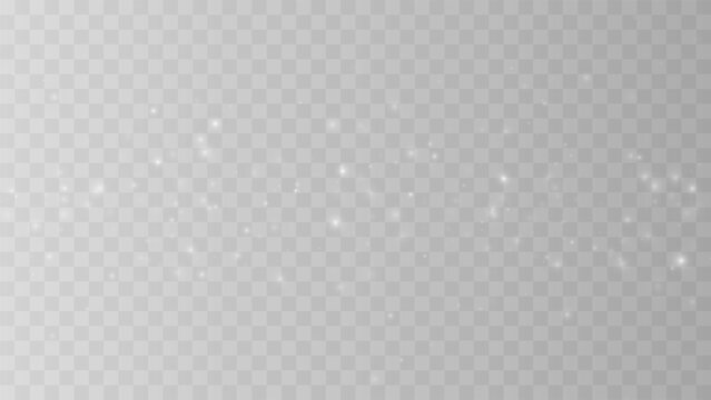 White sparkles light effect on transparent background. Glowing magic dust particles and glitter flare. Vector overlay illustration