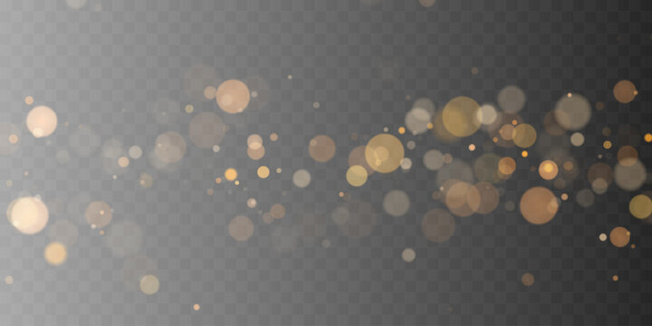 Golden bokeh lights and glowing particles overlay. Abstract blurred circles vector design. Transparent celebration background element