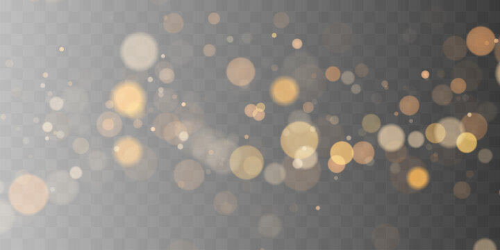 Golden bokeh light effect overlay. Glowing festive blurred circle particles. Vector abstract sparkle background