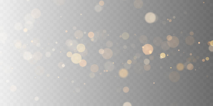Golden bokeh glowing circles and light dust particles. Soft blurred vector overlay. Transparent festive backdrop element