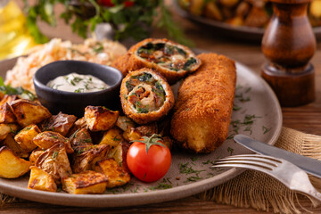 Pork chop rolls stuffed with spinach and mozzarella. Served with sun-dried tomatoes and roasted potatoes. © gkrphoto
