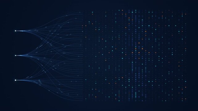 Seamless 4K loop of an AI neural network concept. Three data sources on the left branch into crossing lines, expanding into a deep learning dot matrix on a dark blue background.