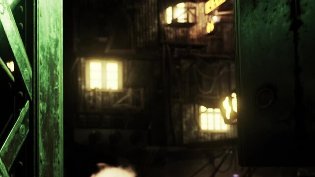 A haunting nighttime urban landscape with dimly lit windows contrasting against shadows. Glowing lights create an eerie yet captivating atmosphere, hinting at hidden stories.