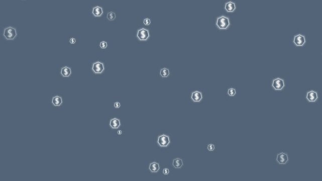 Dollar signs animation scatters currency marks across a clean backdrop. Financial wealth accumulation telemetry routes on dollar signs. Commercial banking drives signs.