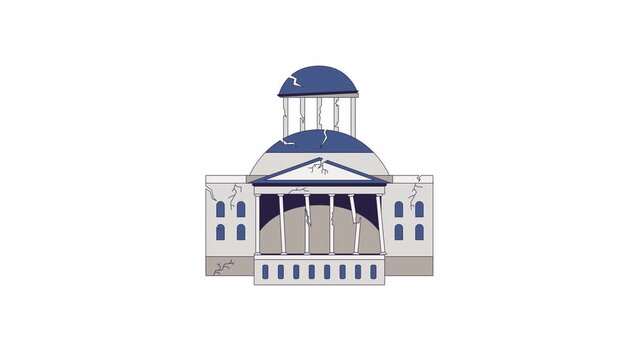 Government building damaging with cracks and broken columns 2D cartoon animation. Political instability. Institutional crisis animated flat colorful element 4K video on transparent background