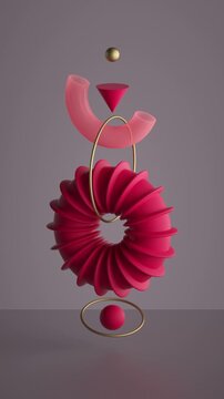 Seamless loop of red sculptural forms rotating and orbiting in a vertical 3D scene. Fluid kinetic motion creates a bold futuristic animation.