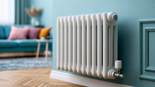 Modern white interior room wall radiator with thermostatic valve for efficient domestic heating energy saving solutions.