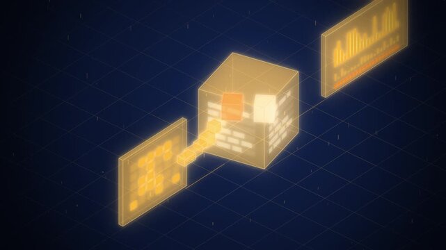 Isometric gold hash cube turning input data into a digest on navy