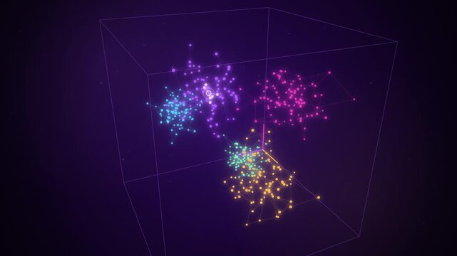 Rotating 3D embedding cube with colored point clusters on dark purple
