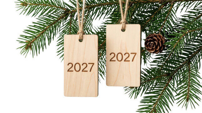 Two wooden tags with 2027 hanging on a green pine tree branch isolated on transparent background