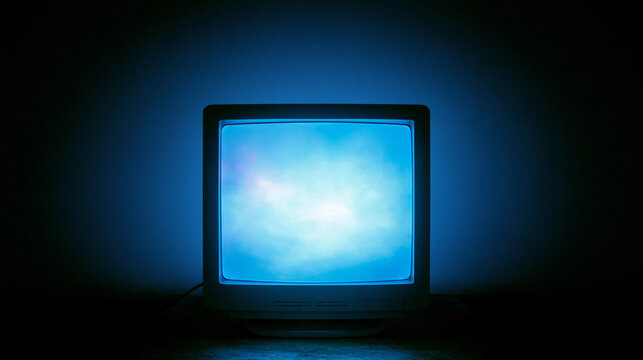 Old vintage analog cathode ray tube television with screen static in dark room displaying blue glow color and noise.