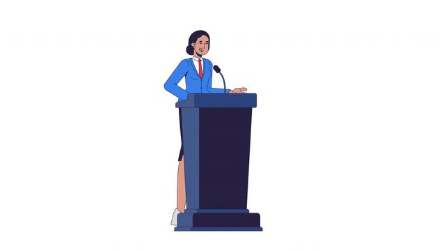 Indian female politician delivering speech at podium 2D character animation. Government official. Arab stateswoman speaker nodding at lectern animated person cartoon 4K video on transparent background