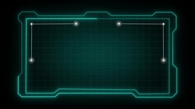 HUD frame animation displays futuristic circular elements on a dark grid. Sci-fi screen telemetry coordinates guide HUD frame animation. Control room screens use frame.