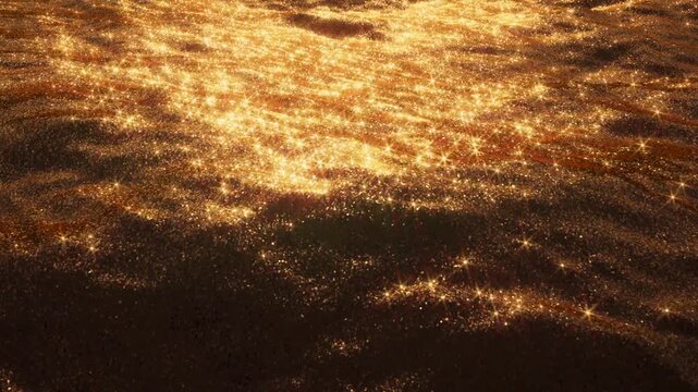Golden glitter waves ripple across a glowing abstract surface. Seamless loop for luxury backgrounds, festive ads, and elegant visuals. 3d render motion.