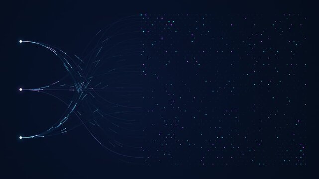 Seamless 4K looping animation of three data sources branching and crossing heavily before feeding into a staggered deep learning dot matrix. Dark blue technology background with cyan and purple accent