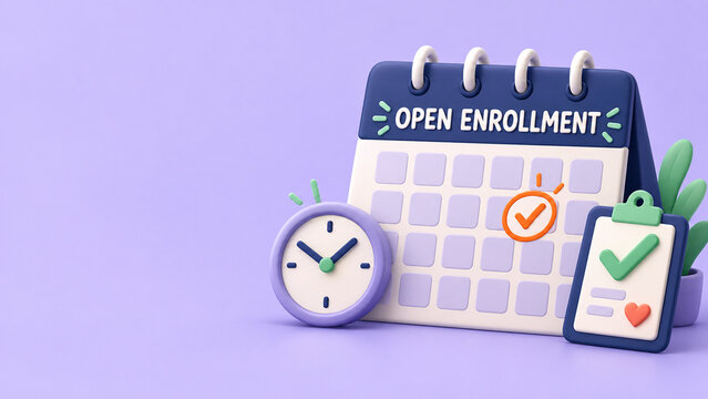 Open Enrollment Calendar with Clock and Checklist on Purple Background, 3D Illustration with Copy Space, Health Insurance Registration Reminder, Employee Benefits and Planning