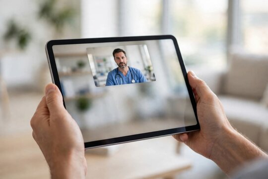 Hands holding a tablet showing a doctor on a video call