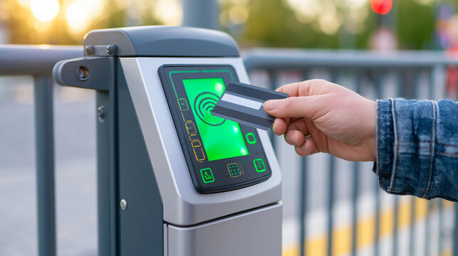Person using contactless credit card to pay for urban transit fare on modern silver ticket validator terminal machine.
