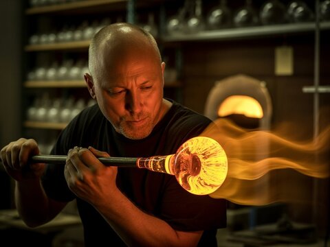 A glassblower at work in the workshop; the artisan gazes at the molten, bright orange glass, a dark, cinematic shot