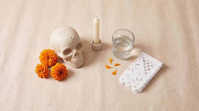 cultural altars, a serene display of a ceramic calavera, cempaschil flowers, and a candle on warm paper