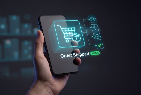 ecommerce fulfillment concept, hand holding smartphone with order shipment hologram, retail logistics tracking technology, online shopping delivery system, digital commerce background