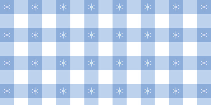 Charming blue gingham check pattern with delicate white snowflake stars for festive winter fabric designs.